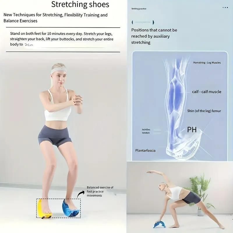 Woman stretching with text on stretching techniques and anatomical diagram of foot muscles.