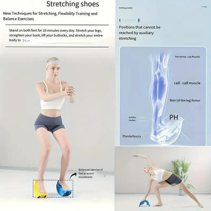 Woman stretching with text on stretching techniques and anatomical diagram of foot muscles.